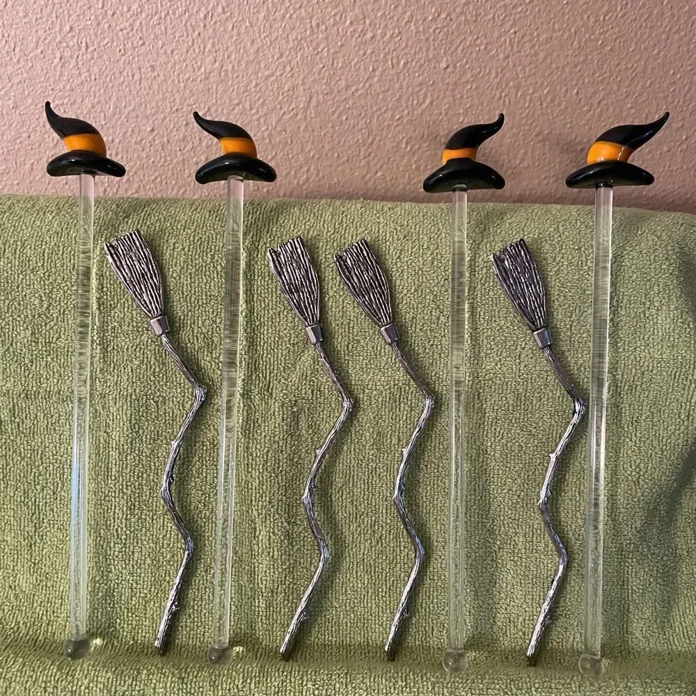 Blown Glass Witch Hat Stir Sticks Metal Broom Stir Sticks lot of 8!